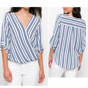 WEST KEI Stitch Fix Allan Surplice Rolltab High Low Striped Blouse-M